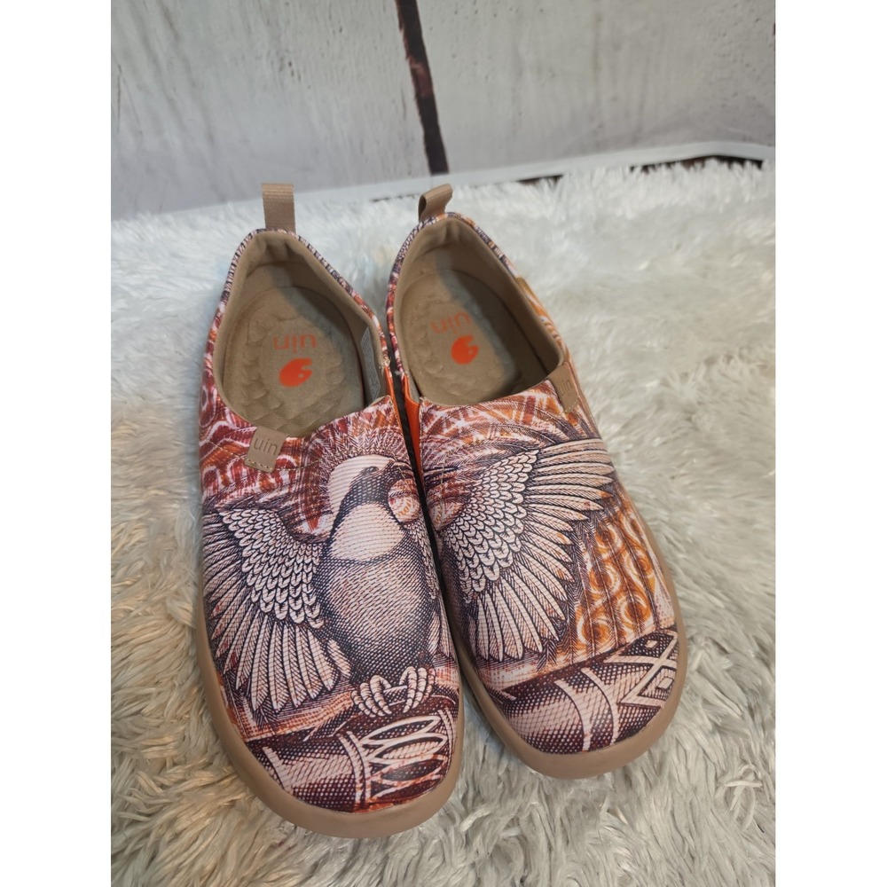 UIN Mens Art Travel Slip On Shoes Bird Print Orange Tan M1109456 Size 9.5 EU 43